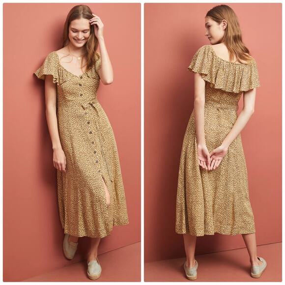 Anthropologie Bolano Tan Leopard V-Neck Ruffled detail Midi Dress Size 2 2P - Picture 1 of 5